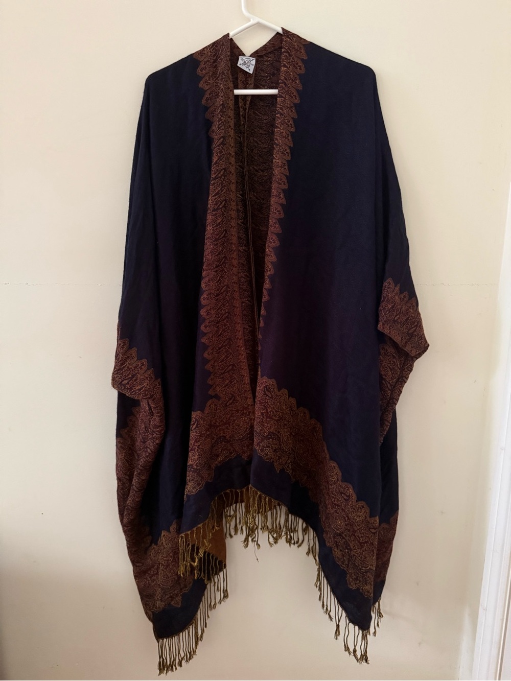 Women's Navy and Brown Embroidered Fringe Kimono